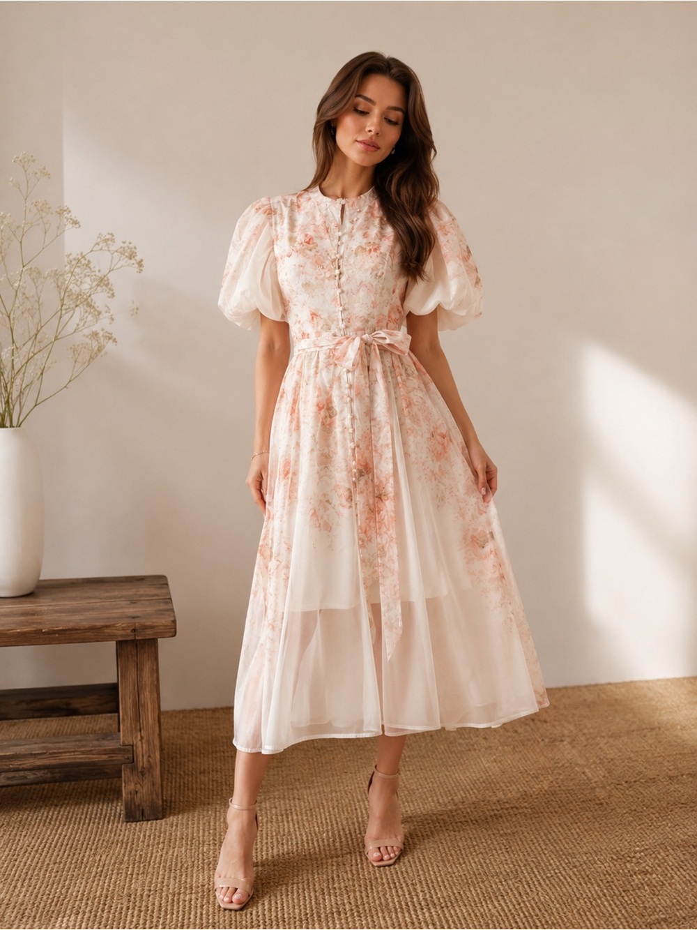 Romantic Blush Floral Puff-Sleeve Midi Dress with Self-Tie Waist